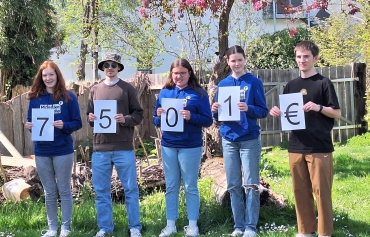 Fünf Personen halten Blätter mit den Ziffern 7501 und dem Euro-Zeichen in der Hand